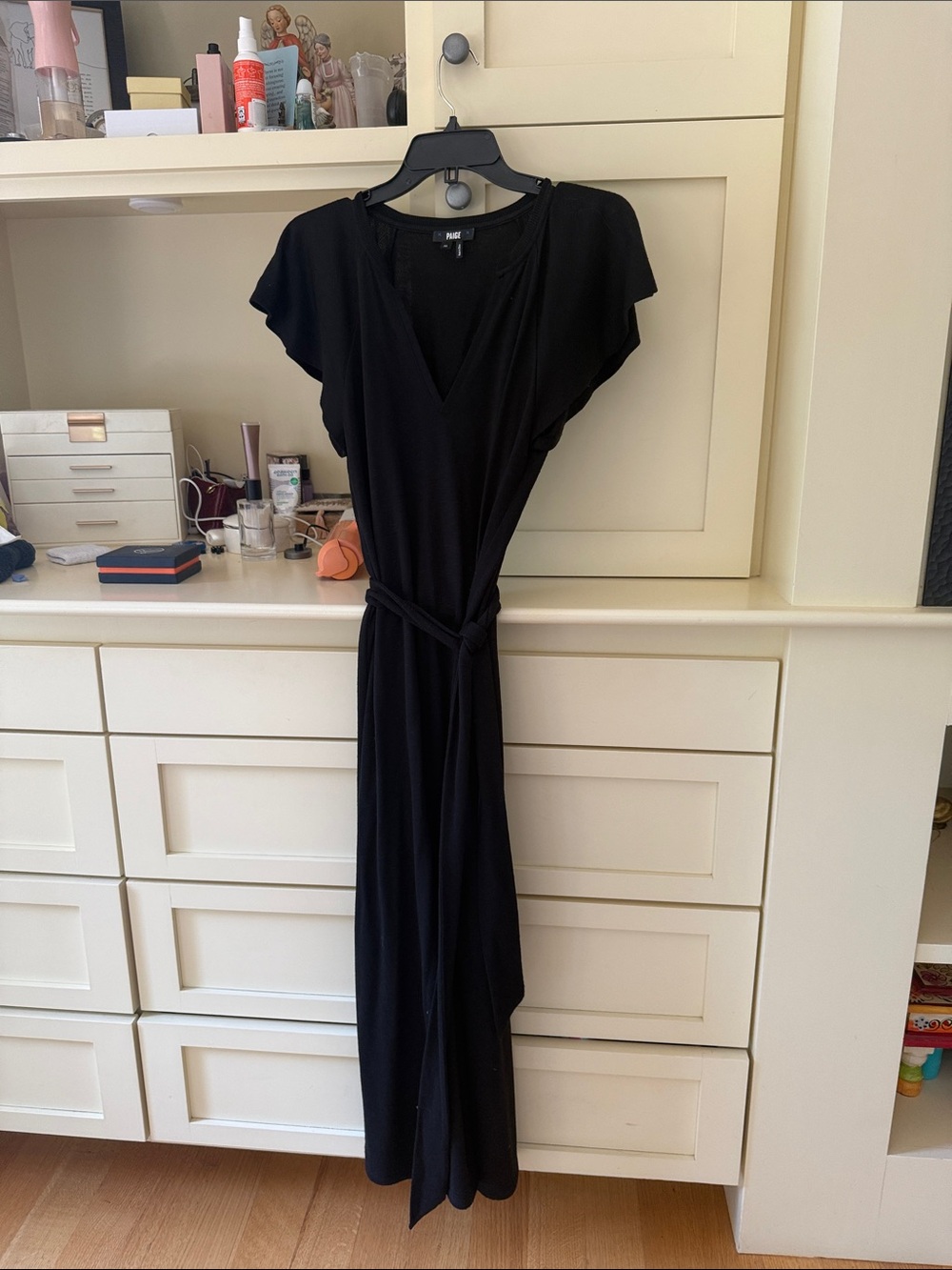 PAIGE Black Midi Faux-Wrap Dress with Tie Waist